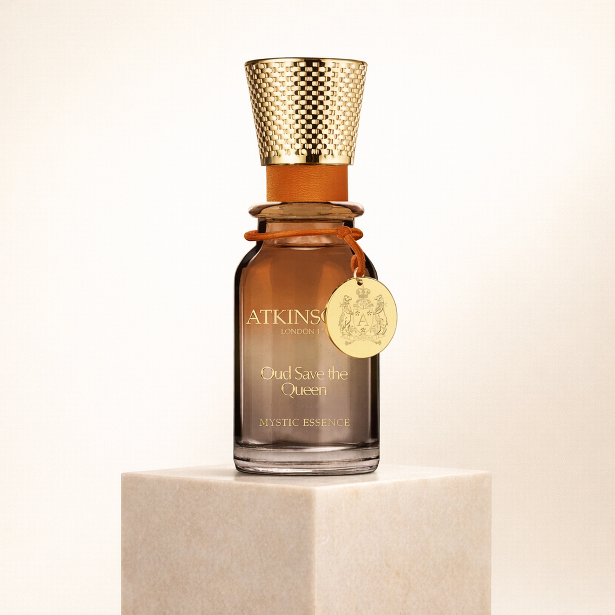Atkinsons Oud Save the Queen Mystic Essence Concentrated Fragrance Alcohol Free for Women upright pedestal gallery showcase