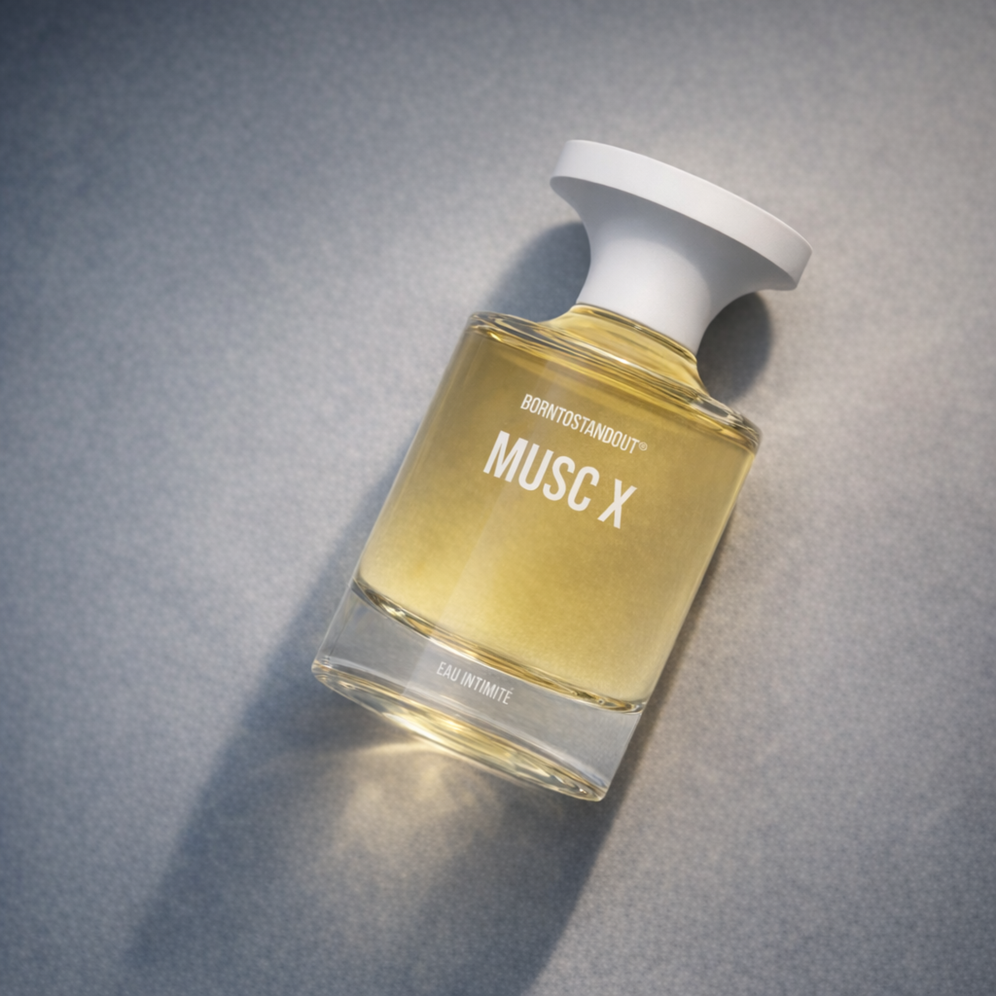 BORNTOSTANDOUT Musc X Eau Intimite angled still-life gallery showcase