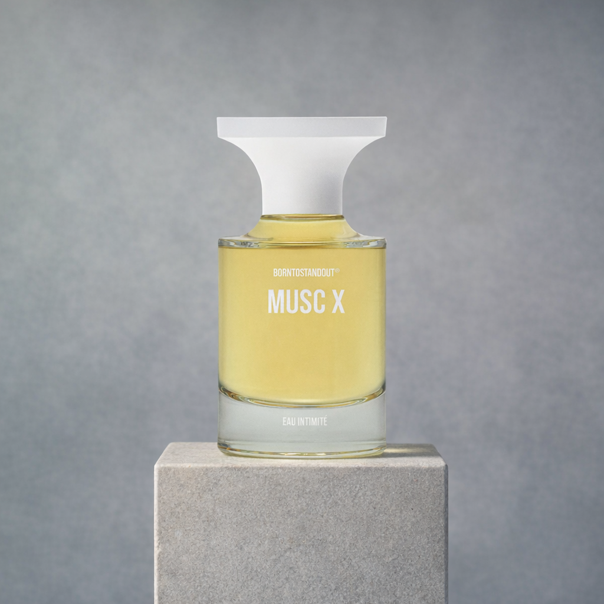 BORNTOSTANDOUT Musc X Eau Intimite upright pedestal gallery showcase
