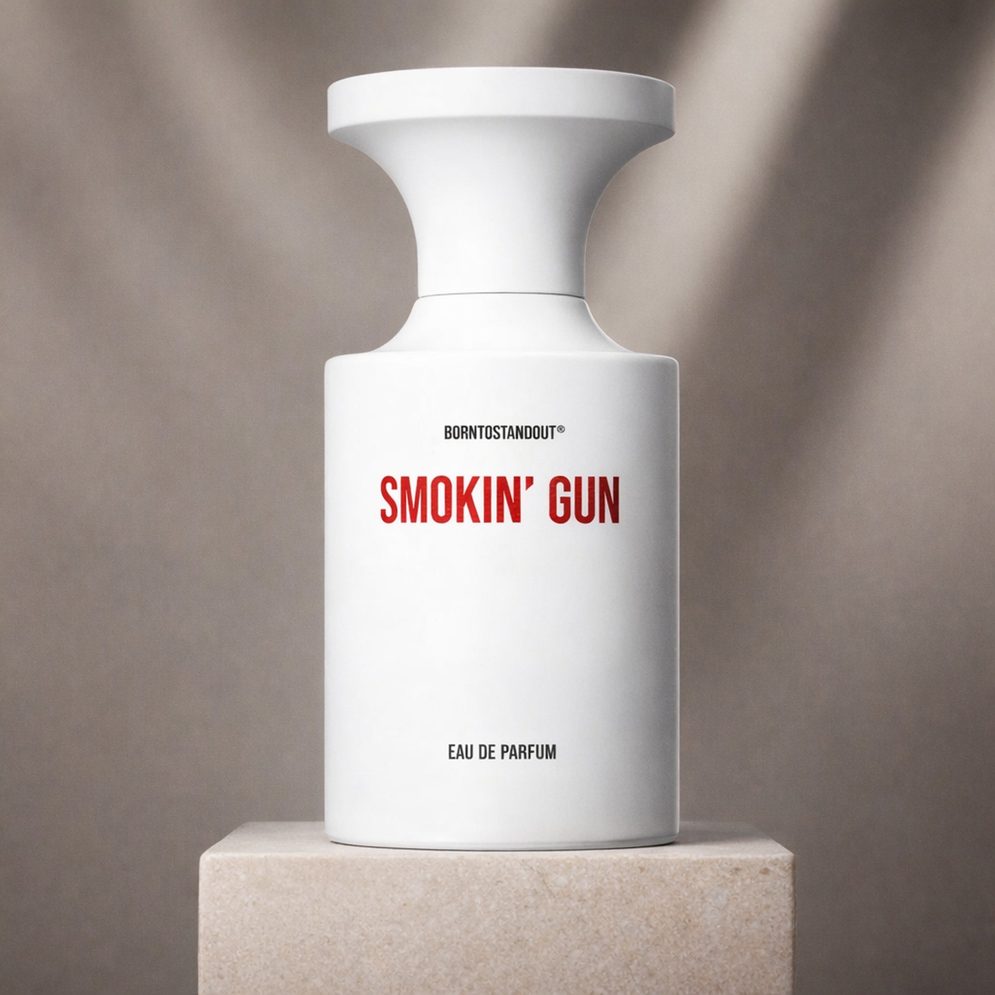 BORNTOSTANDOUT Smokin' Gun EDP upright pedestal gallery showcase