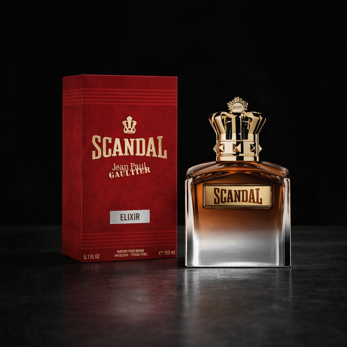 Jean Paul Gaultier Scandal Elixir Parfum For Men packaging product shot gallery showcase